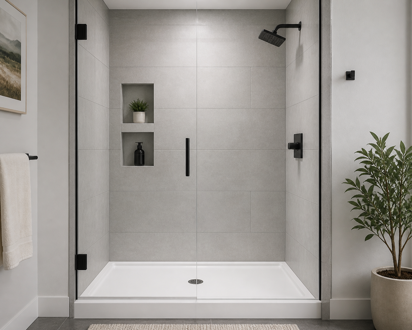 Modern shower installation with acrylic pan in Metro Detroit home