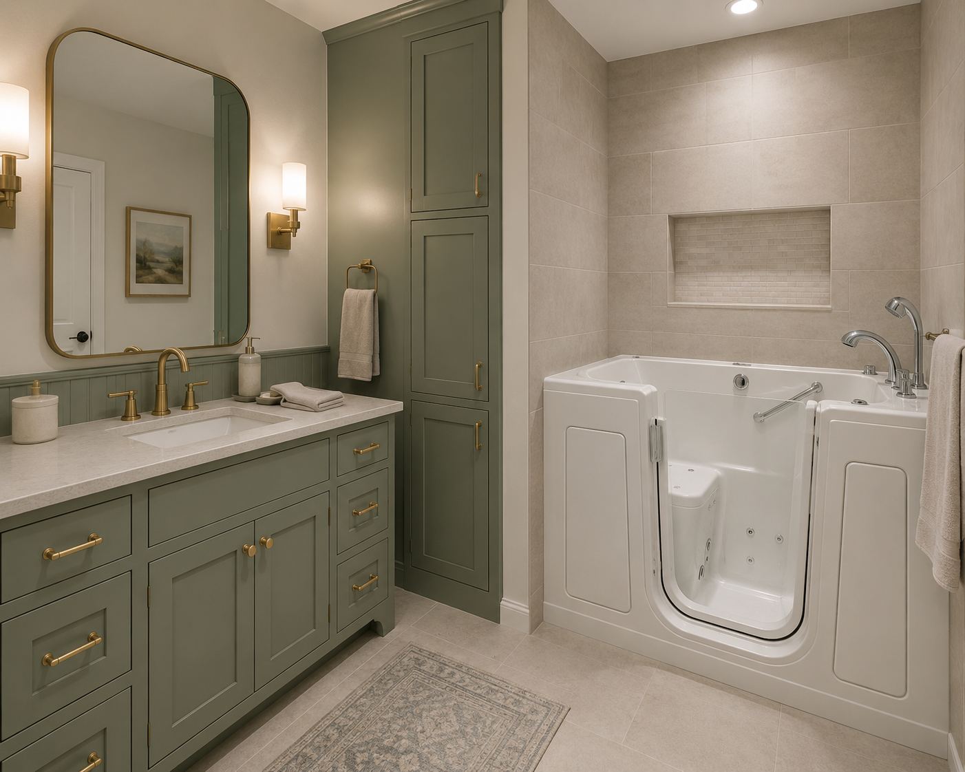 walk-in-tub installation with acrylic tub surround in Metro Detroit home